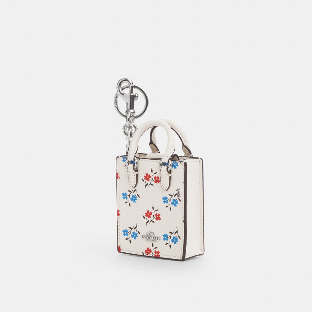 COACH CU545 North/south Mini Tote Bag Charm With Floral Print SILVER/CHALK MULTI