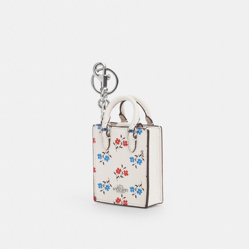 COACH CU545 North/South Mini Tote Bag Charm With Floral Print Silver/Chalk Multi