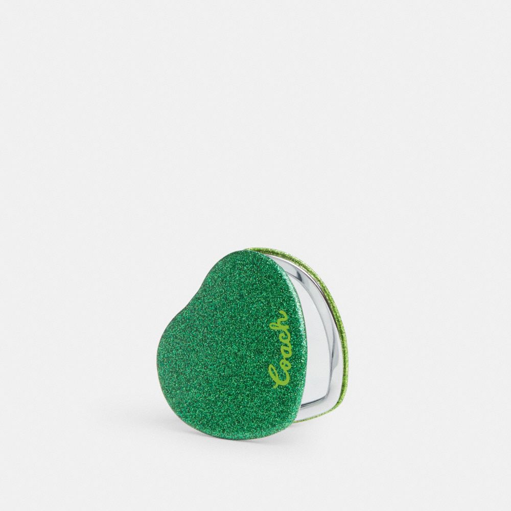 COACH CU755 Glitter Heart Compact Mirror MILITARY GREEN/GREEN SHERBERT