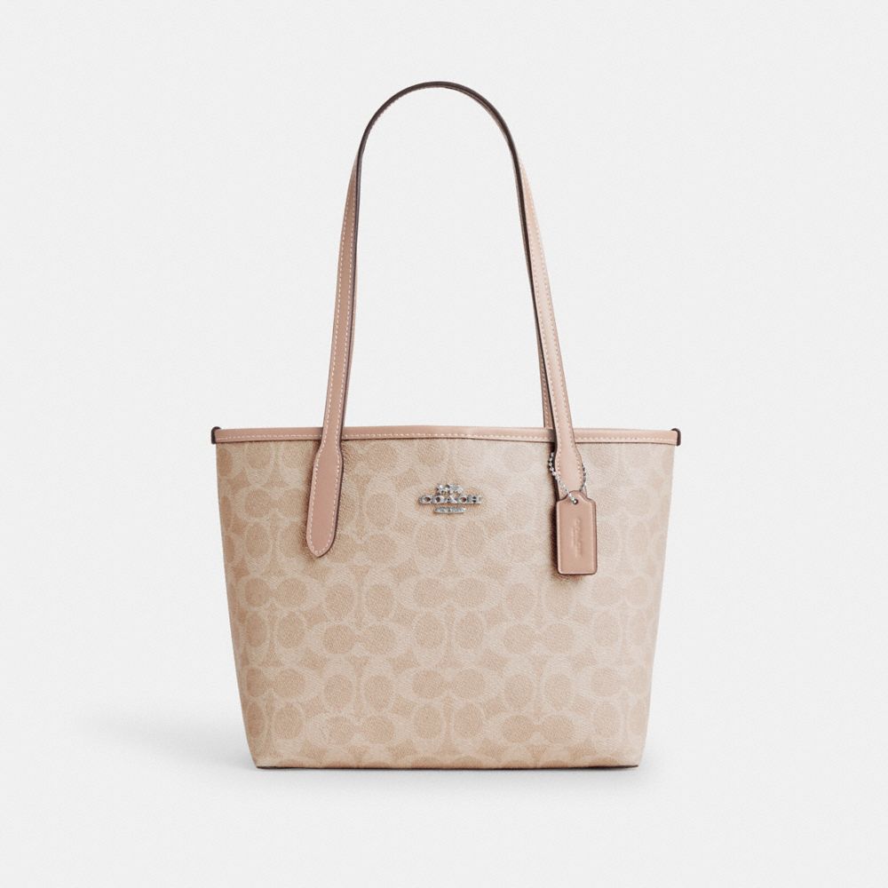 COACH CU759 Small City Tote Bag In Signature Canvas SV/SAND/TAUPE