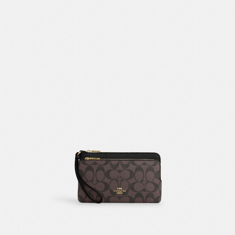 COACH CU920 Double Zip Wallet In Signature Canvas GOLD/BROWN BLACK