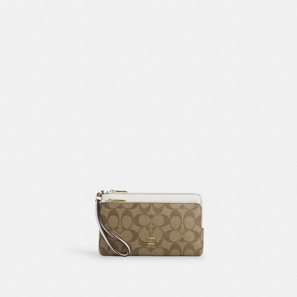 Double Zip Wallet In Signature Canvas - CU920 - Gold/Khaki/Chalk