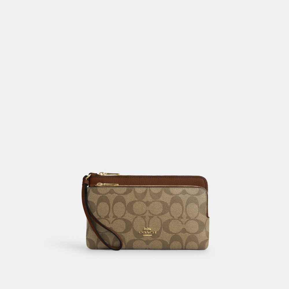 COACH CU920 Double Zip Wallet In Signature Canvas GOLD/KHAKI SADDLE 2