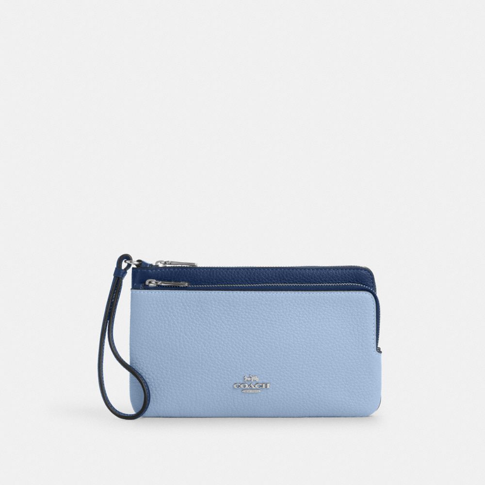 COACH CU921 Double Zip Wallet SV/LIGHT BLUE/DEEP BLUE