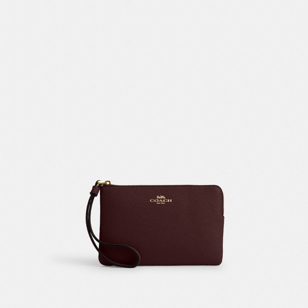 COACH CV396 Corner Zip Wristlet GOLD/MERLOT