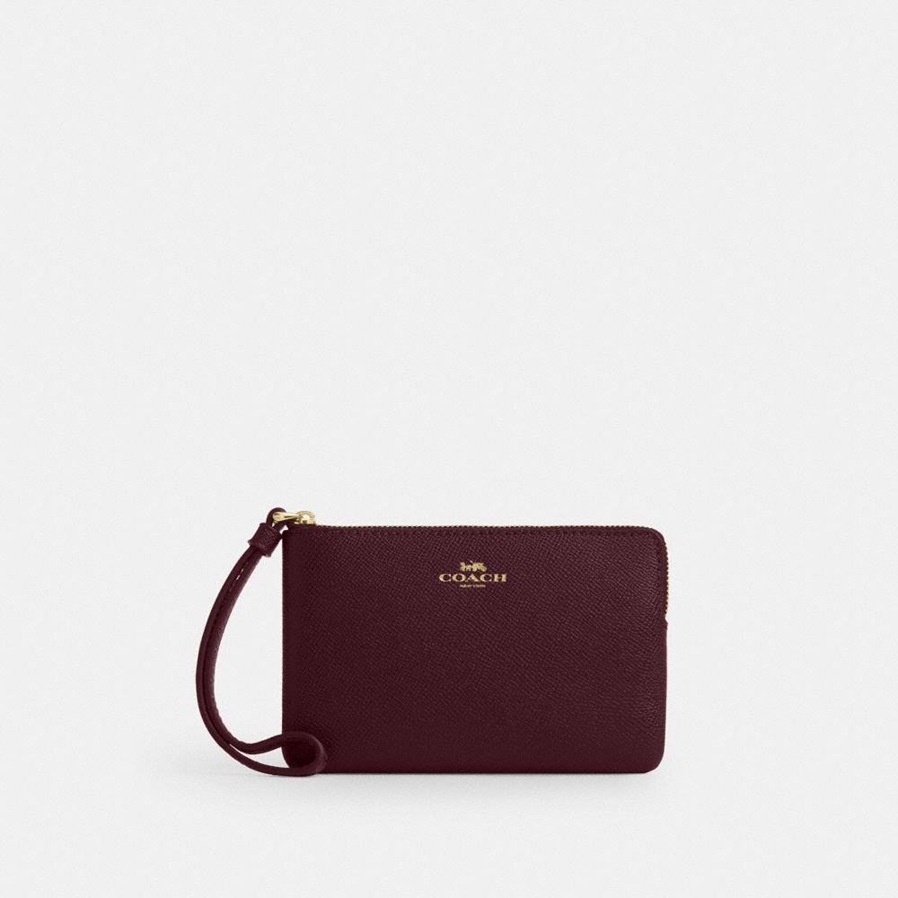 COACH&reg;,Corner Zip Wristlet,Leather,Pouch,Wristlet,Word Embellishment,Logo,Gold/Dark Wine