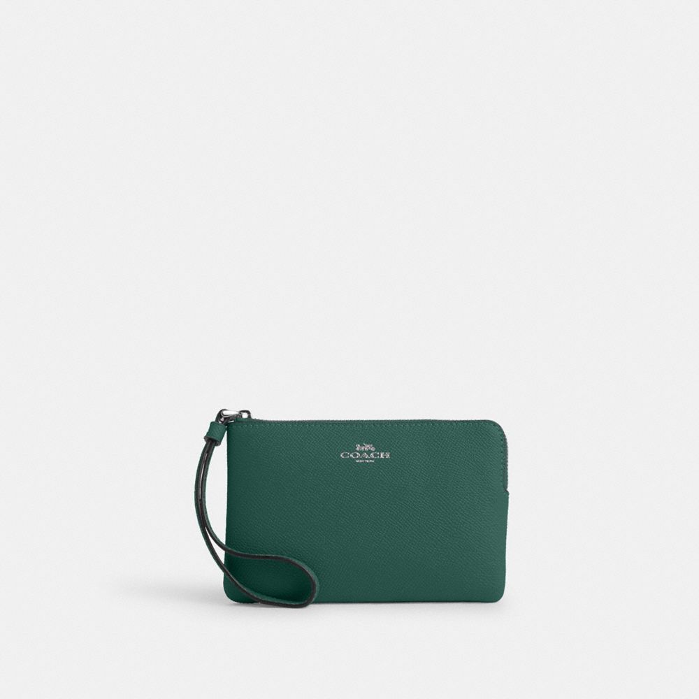 COACH CV396 Corner Zip Wristlet SILVER/EMERALD GREEN