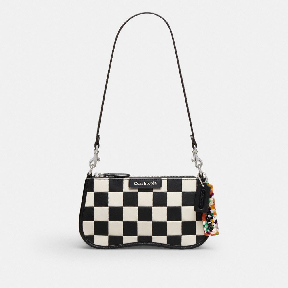 COACH CV878 Wavy Baguette Bag In Checkerboard Upcrafted Leather BLACK/CHALK