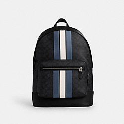 West Backpack In Signature Canvas With Varsity Stripe - CV922 - Gunmetal/Charcoal/Denim/Chalk