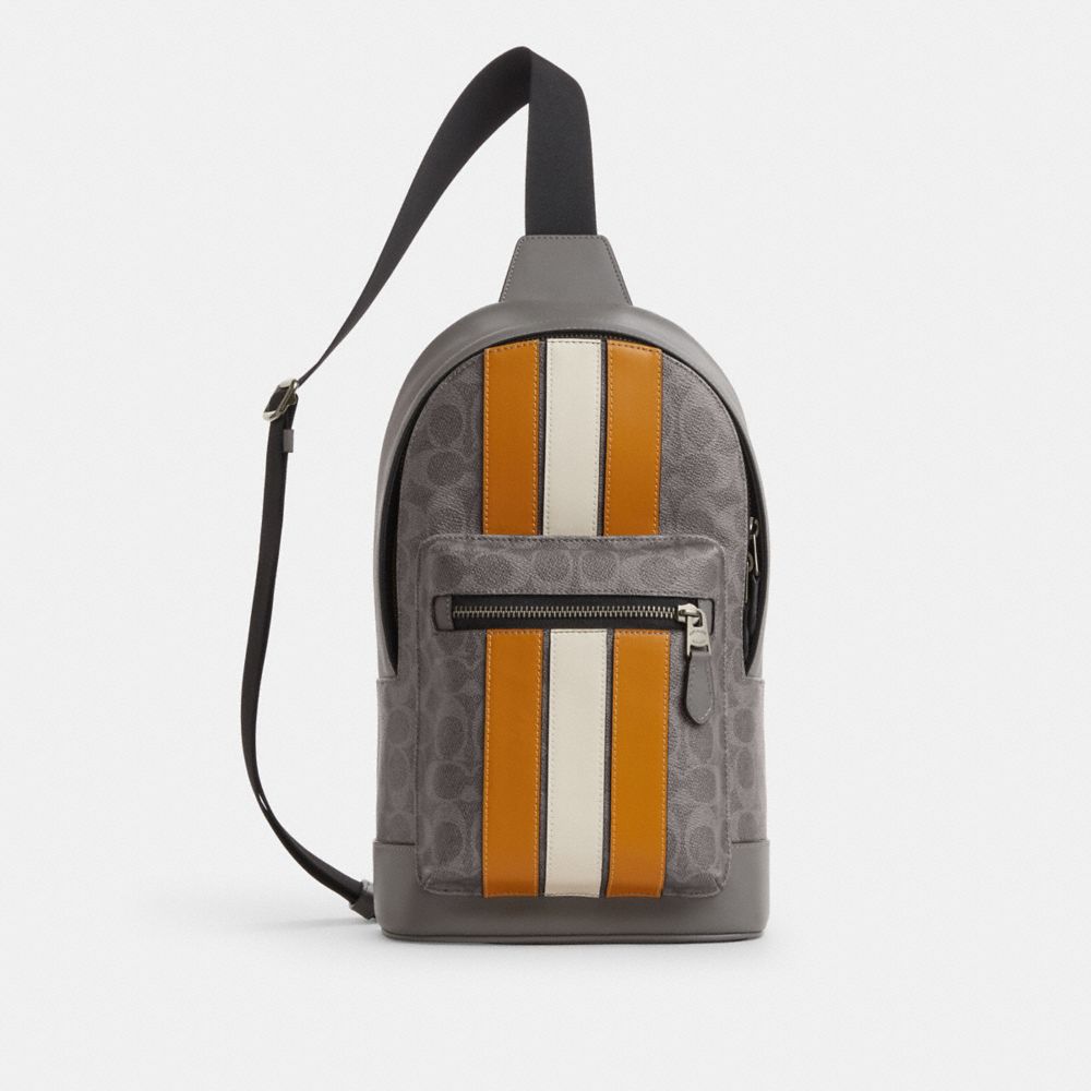 West Pack In Signature Canvas With Varsity Stripe - CV923 - Gunmetal/Grey/Ochre/Chalk