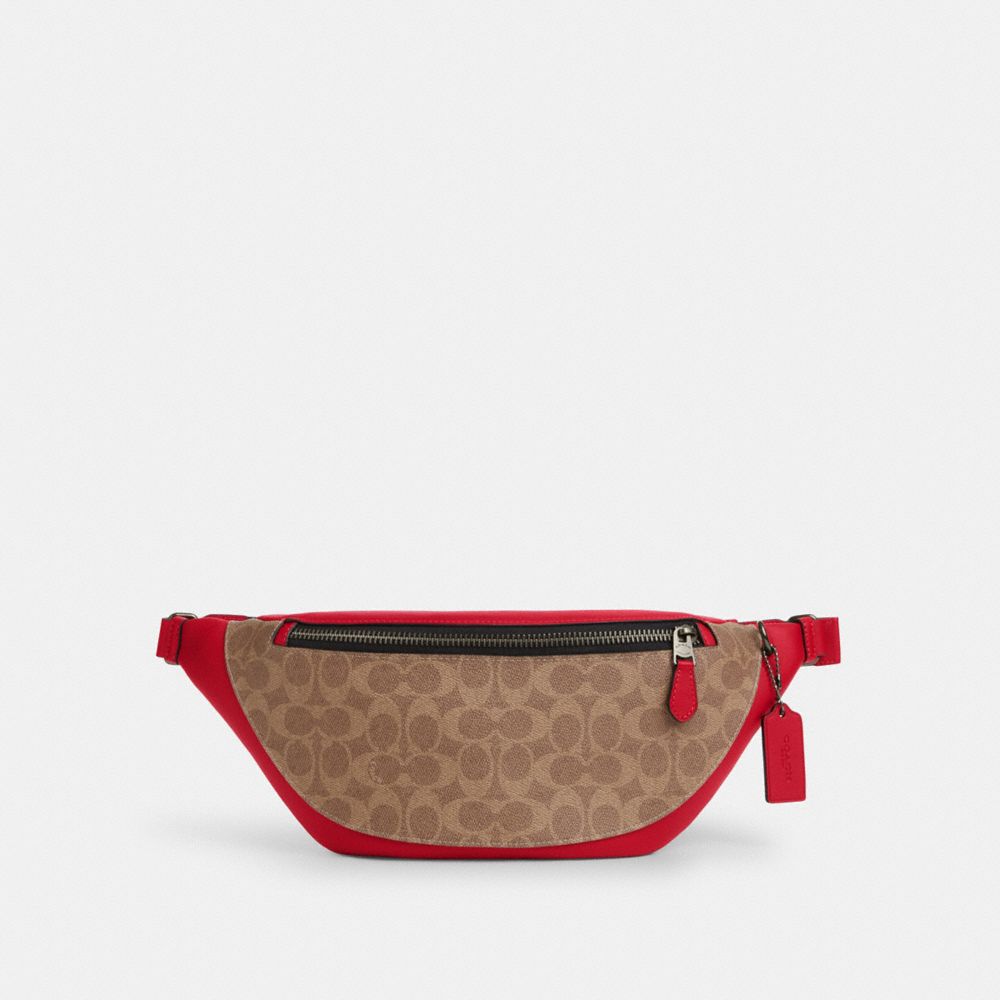 COACH CV926 Warren Belt Bag In Signature Canvas QB/TAN/BOLD RED