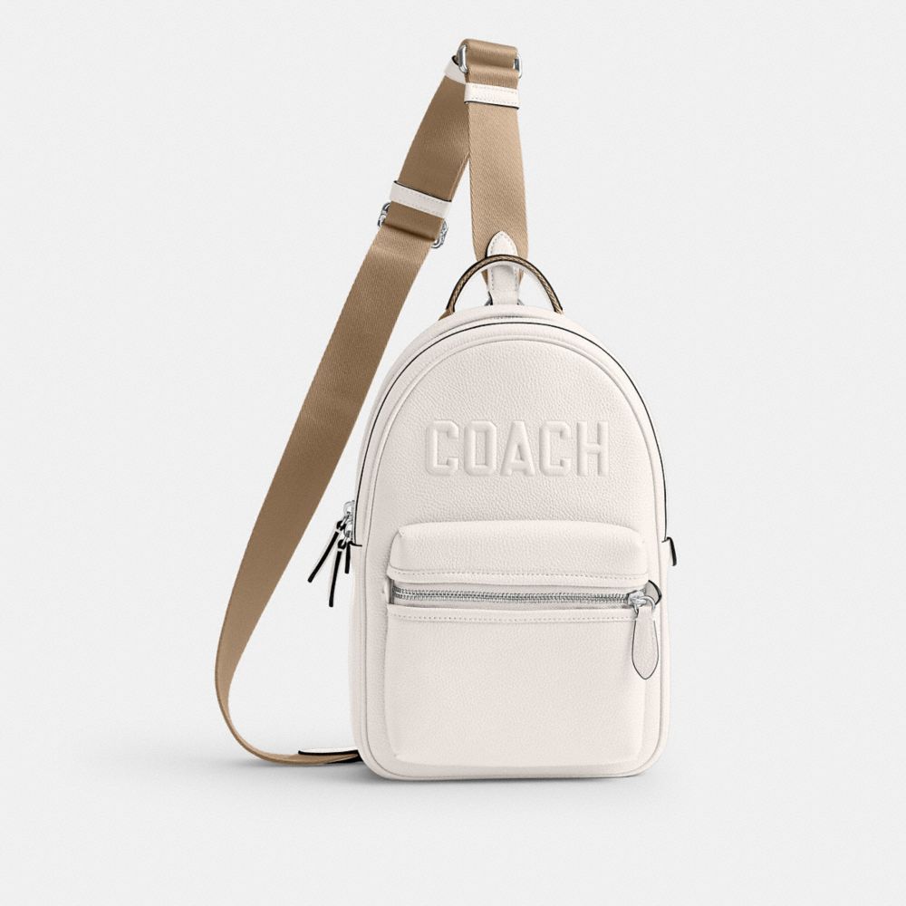 COACH&reg;,Charter Pack With Coach Graphic,Leather,Slingback,Embossed,Logo,Compact,Lined,Adjustable,Silver Metal,Casual,,Front View