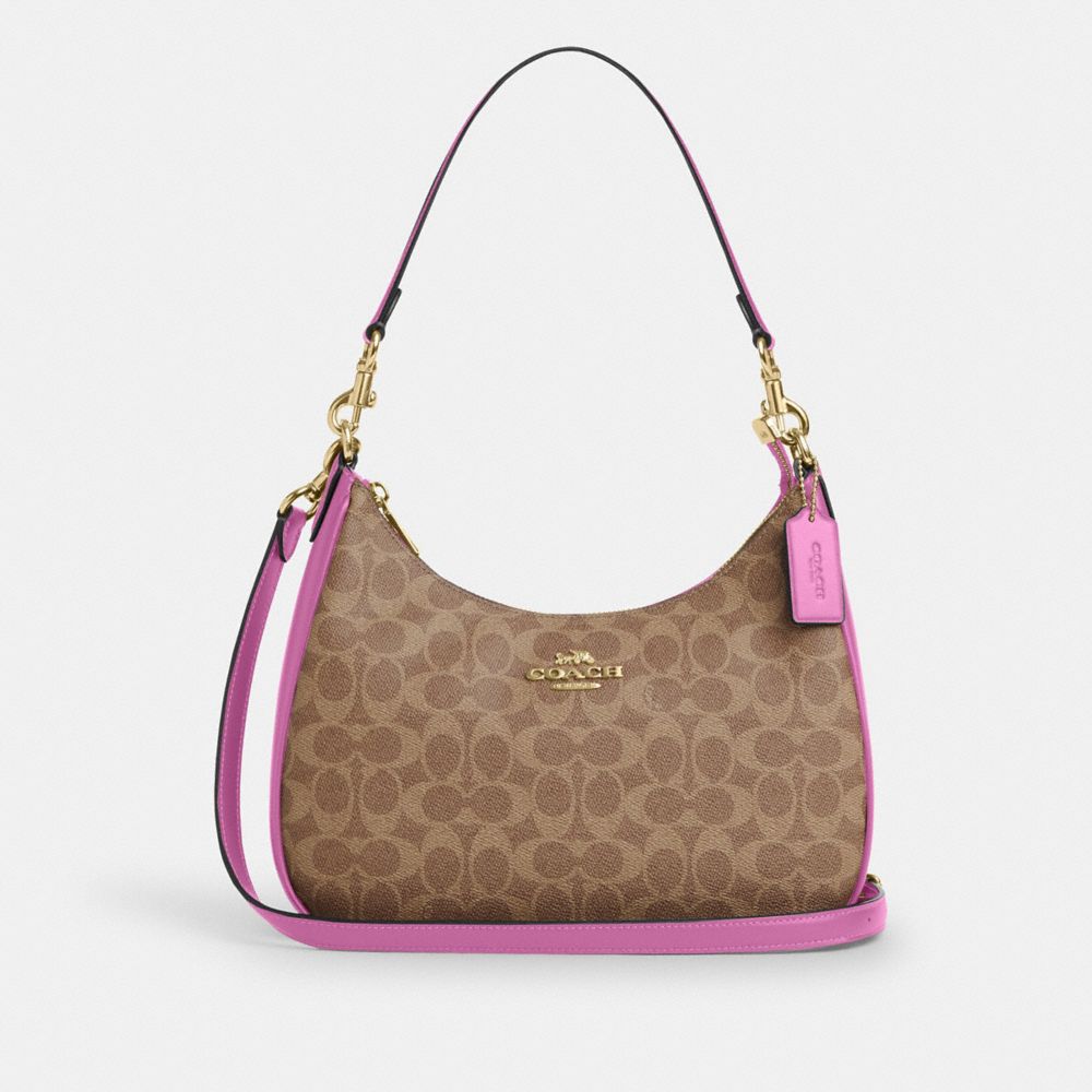 COACH CV940 Teri Hobo Bag In Signature Canvas IM/TAN/FUSCHIA