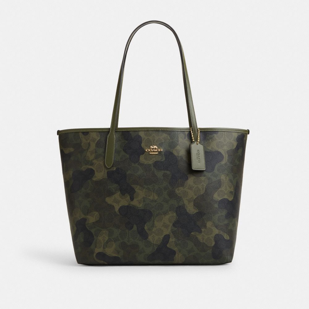 COACH CV953 City Tote Bag In Signature Camo Print Gold/Dark-Cypress-Multi