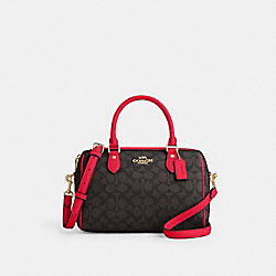Rowan Satchel Bag In Signature Canvas - CV961 - Gold/Walnut/Bold Red