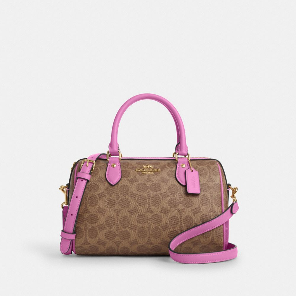 COACH CV961 Rowan Satchel Bag In Signature Canvas IM/TAN/FUSCHIA