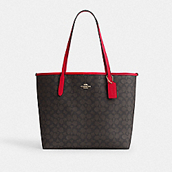 City Tote Bag In Signature Canvas - CV976 - Gold/Walnut/Bold Red