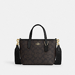 City Mini Tote Bag In Signature Canvas - CW032 - Gold/Walnut/Black