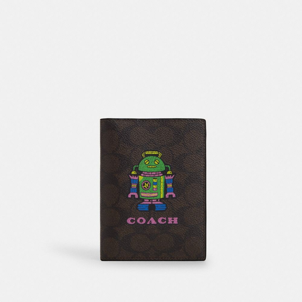 COACH CW171 Cosmic Coach Passport Card Case With Robot Print Qb/Walnut Multi