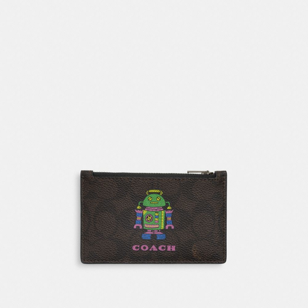 COACH CW223 Cosmic Coach Zip Card Case With Robot Print QB/WALNUT MULTI