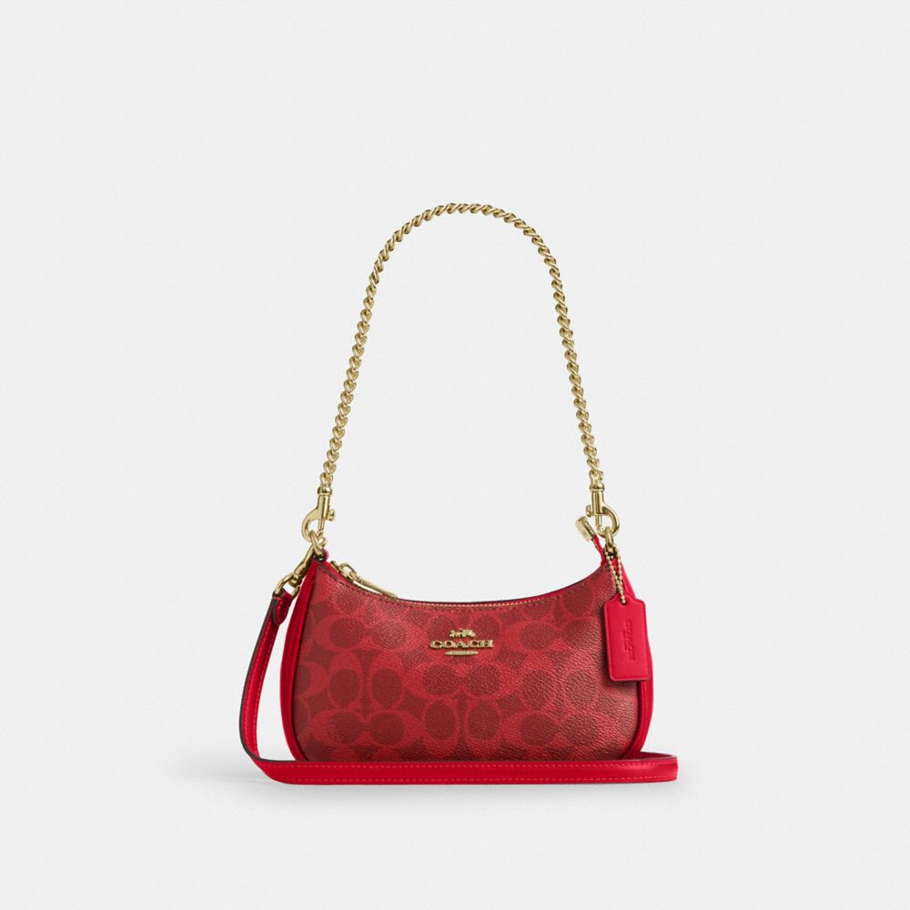Teri Mini Crossbody Bag In Signature Canvas - CW323 - Gold/Bold Red