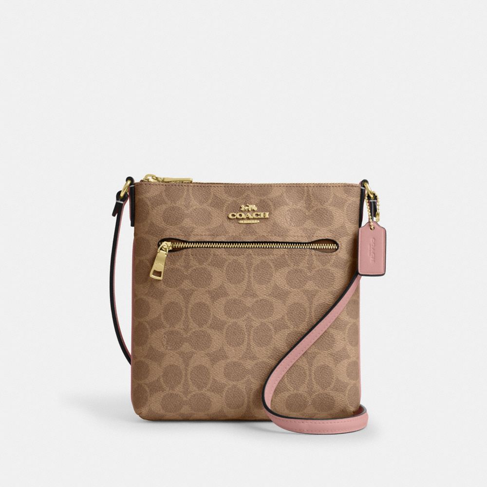 COACH CW325 Mini Rowan File Bag In Signature Canvas GOLD/TAN/PINK PETAL