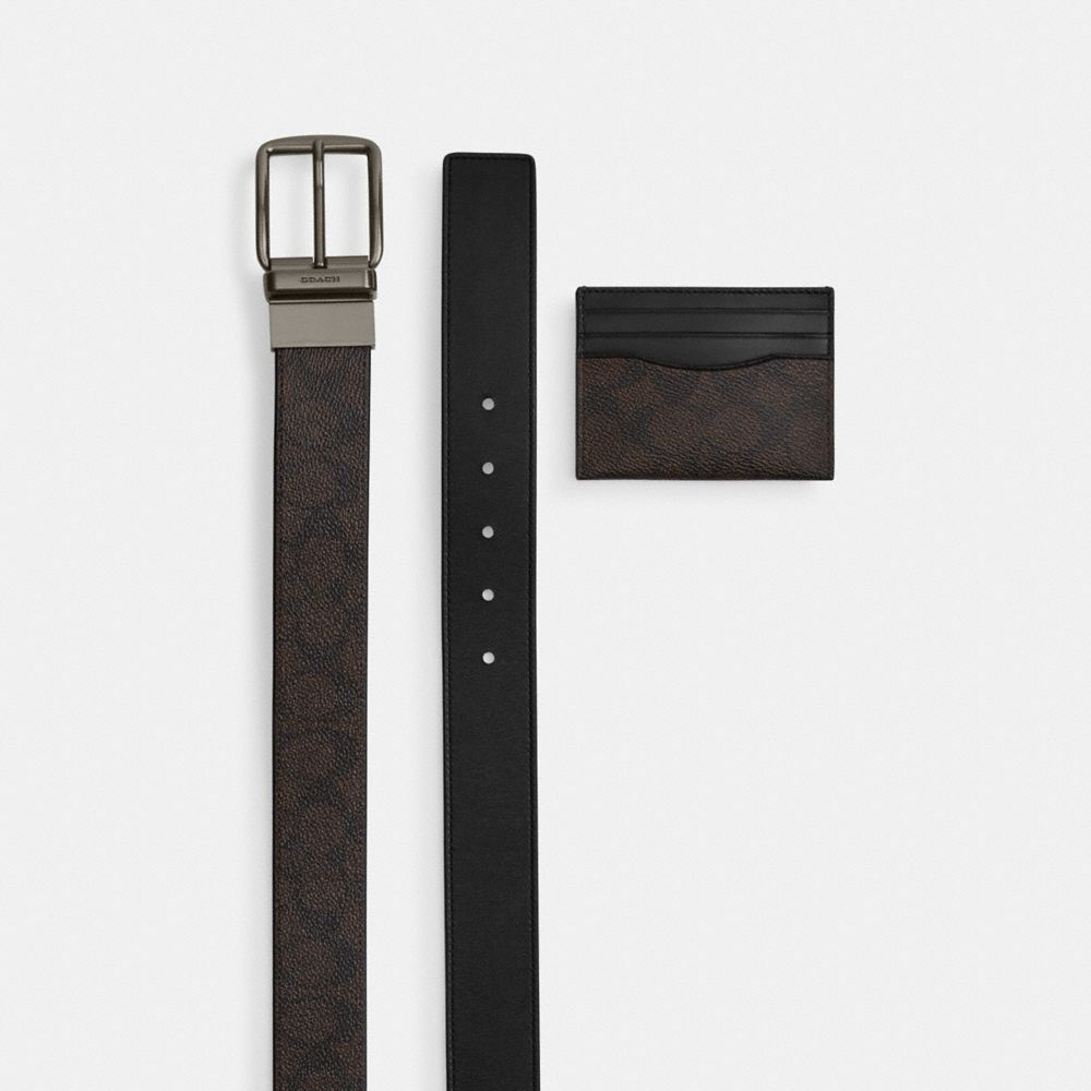 COACH CW351 Boxed Card Case And Belt Set In Signature Canvas Qb/Walnut/Black
