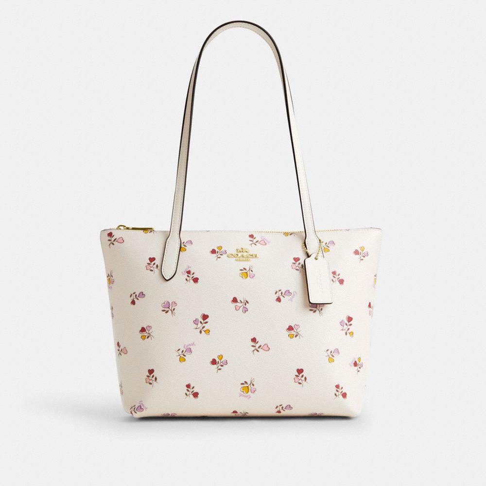 COACH CW397 Fiona Zip Tote Bag With Heart Print GOLD/CHALK MULTI