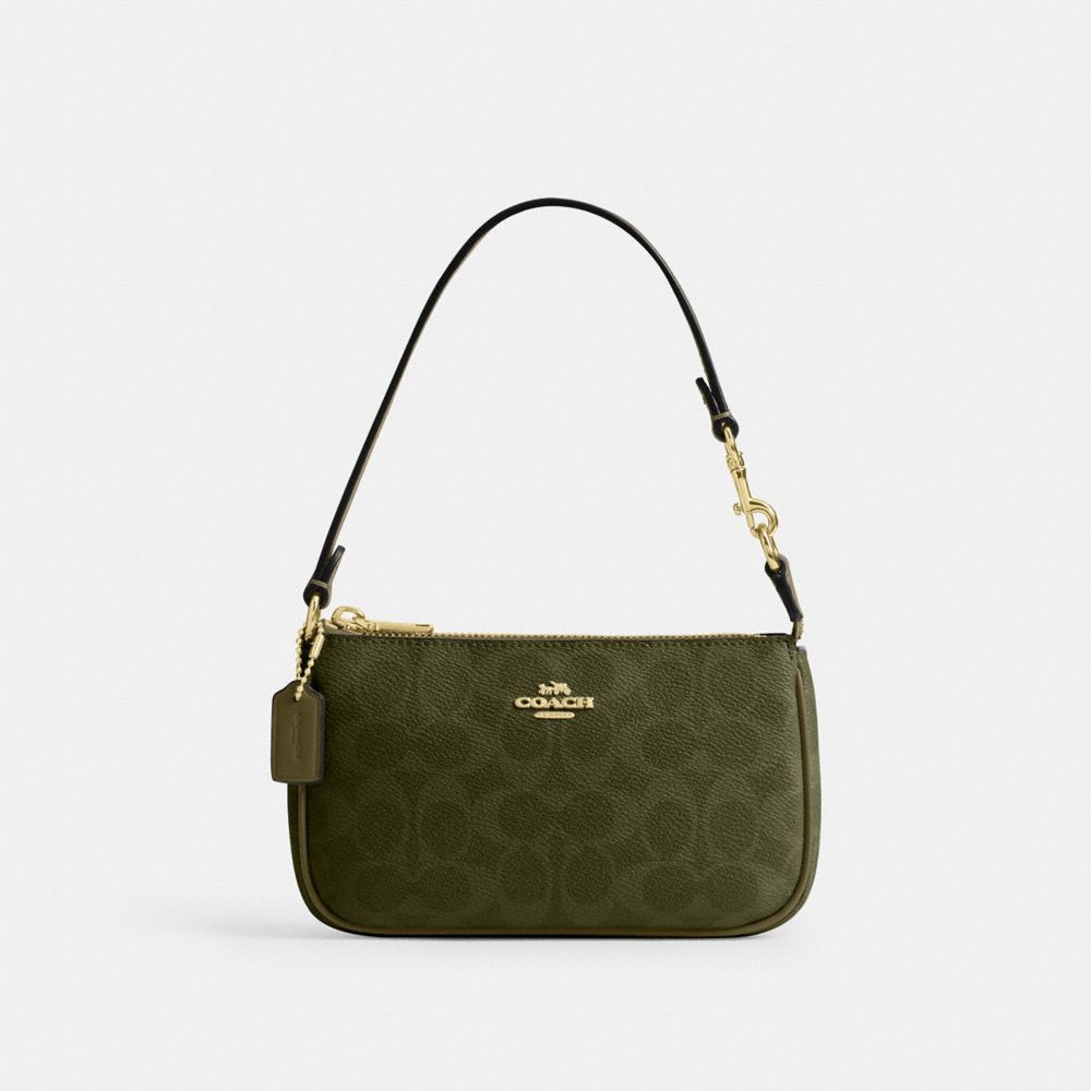 COACH&reg;,Nolita 19 In Signature Canvas,Canvas,Shoulder Bag,Logo,Piping,Tag Embellishment,Metal,Casual,Gold/Olive
