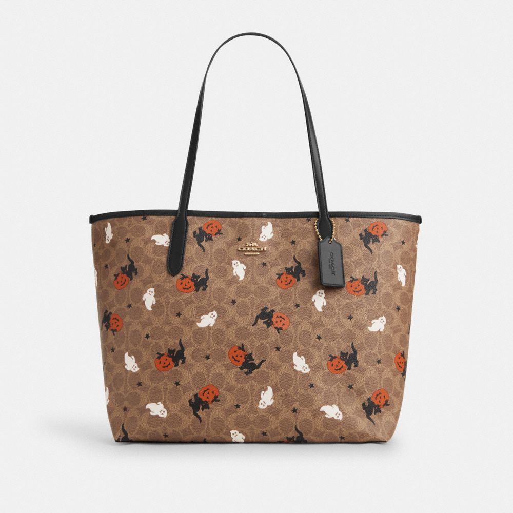 COACH CW450 City Tote In Signature Canvas With Halloween Print GOLD/TAN/BLACK MULTI