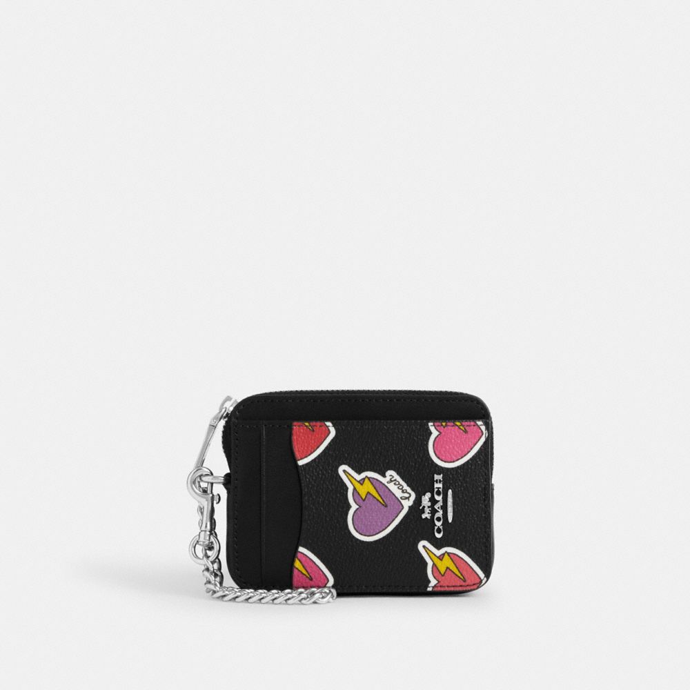 COACH CW453 Zip Card Case With Heart Bolt Print Silver/Black Multi