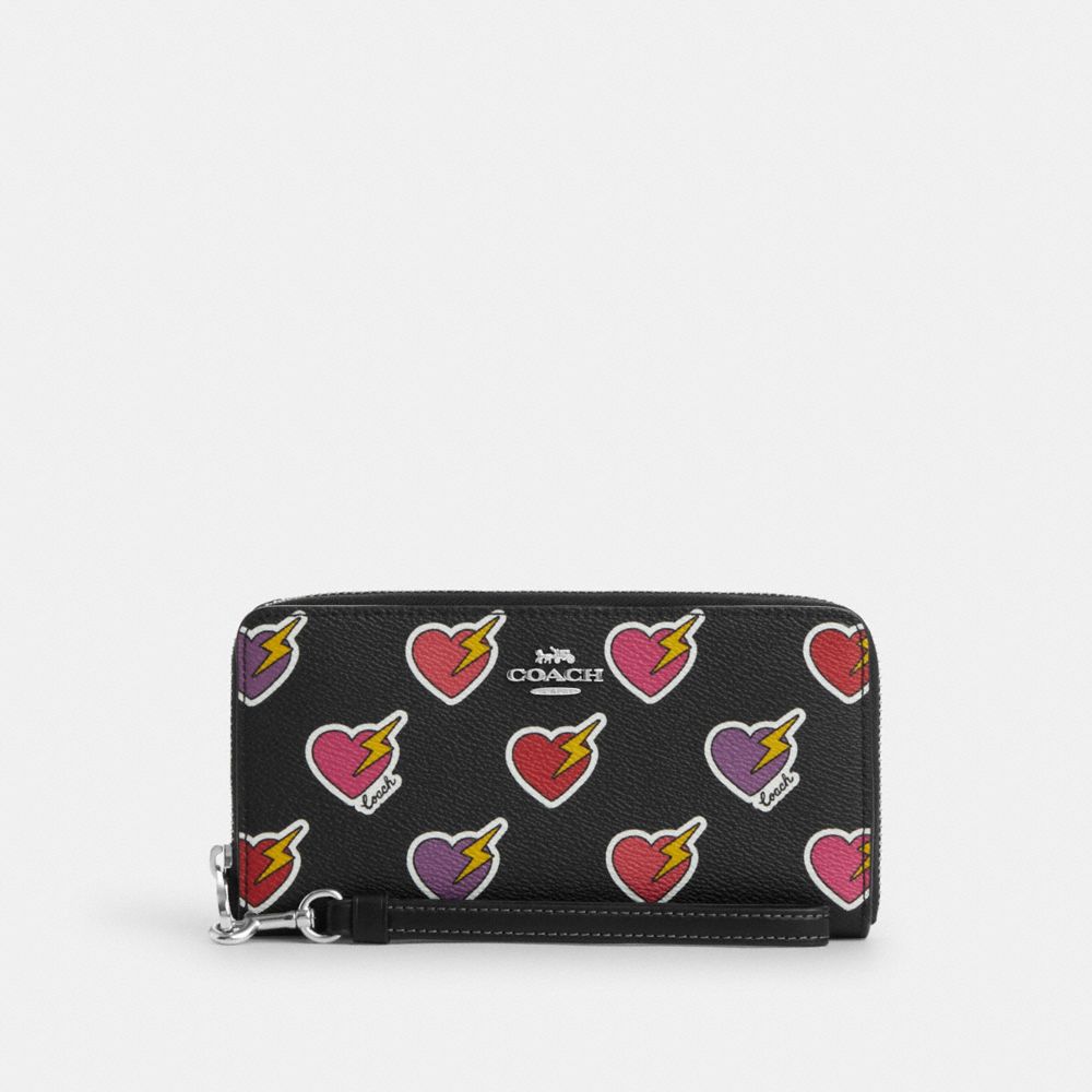 COACH CW476 Long Zip Around Wallet With Heart Bolt Print Silver/Black Multi