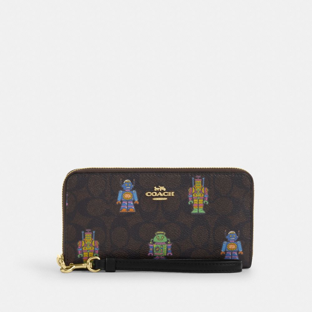COACH CW484 Cosmic Coach Long Zip Around Wallet In Signature Canvas With Robot Print Gold/Walnut Multi
