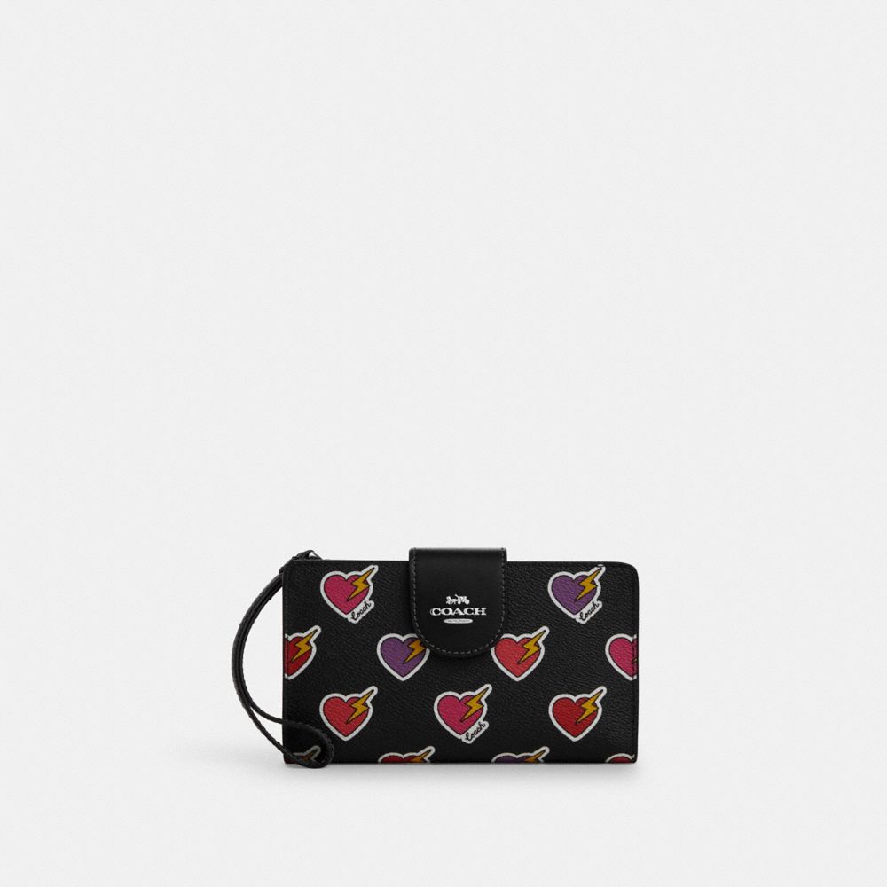 COACH CW491 Phone Wallet With Heart Bolt Print Silver/Black Multi