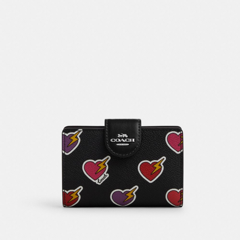 COACH CW527 Medium Corner Zip Wallet With Heart Bolt Print Silver/Black Multi