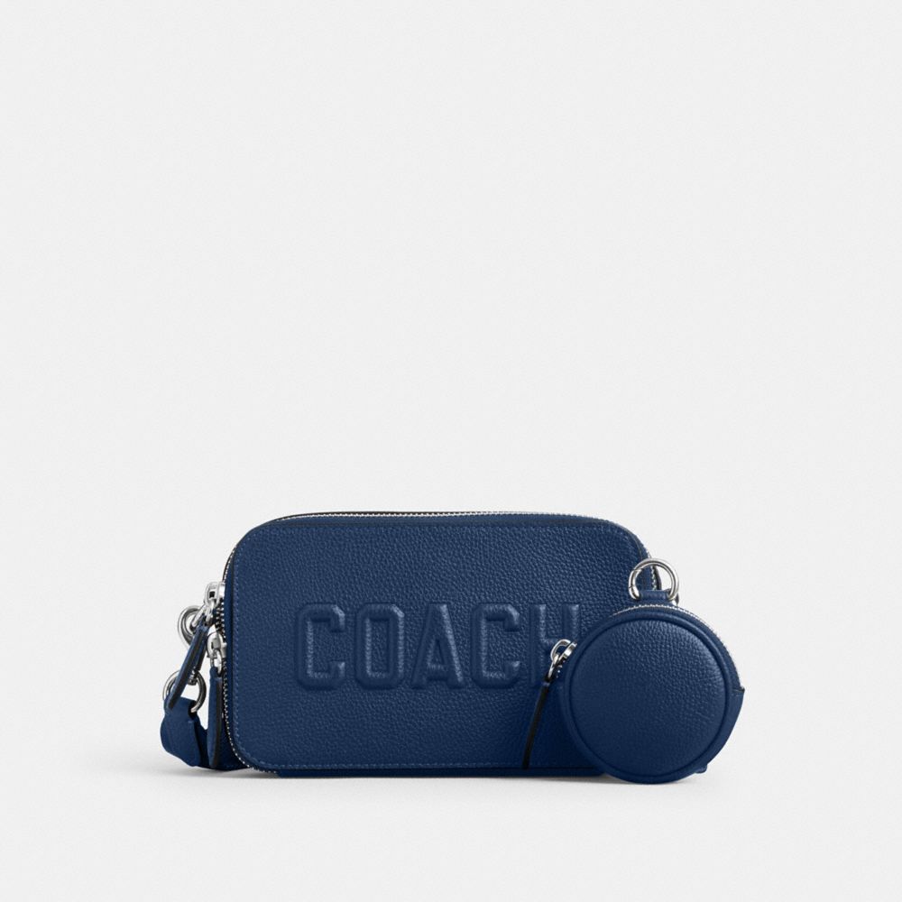 COACH&reg;,Charter Slim Crossbody Bag With Coach Graphic,Leather,Crossbody,Embossed,Logo,Compact,Key Ring,Lined,Silver Metal,C...,Deep Blue