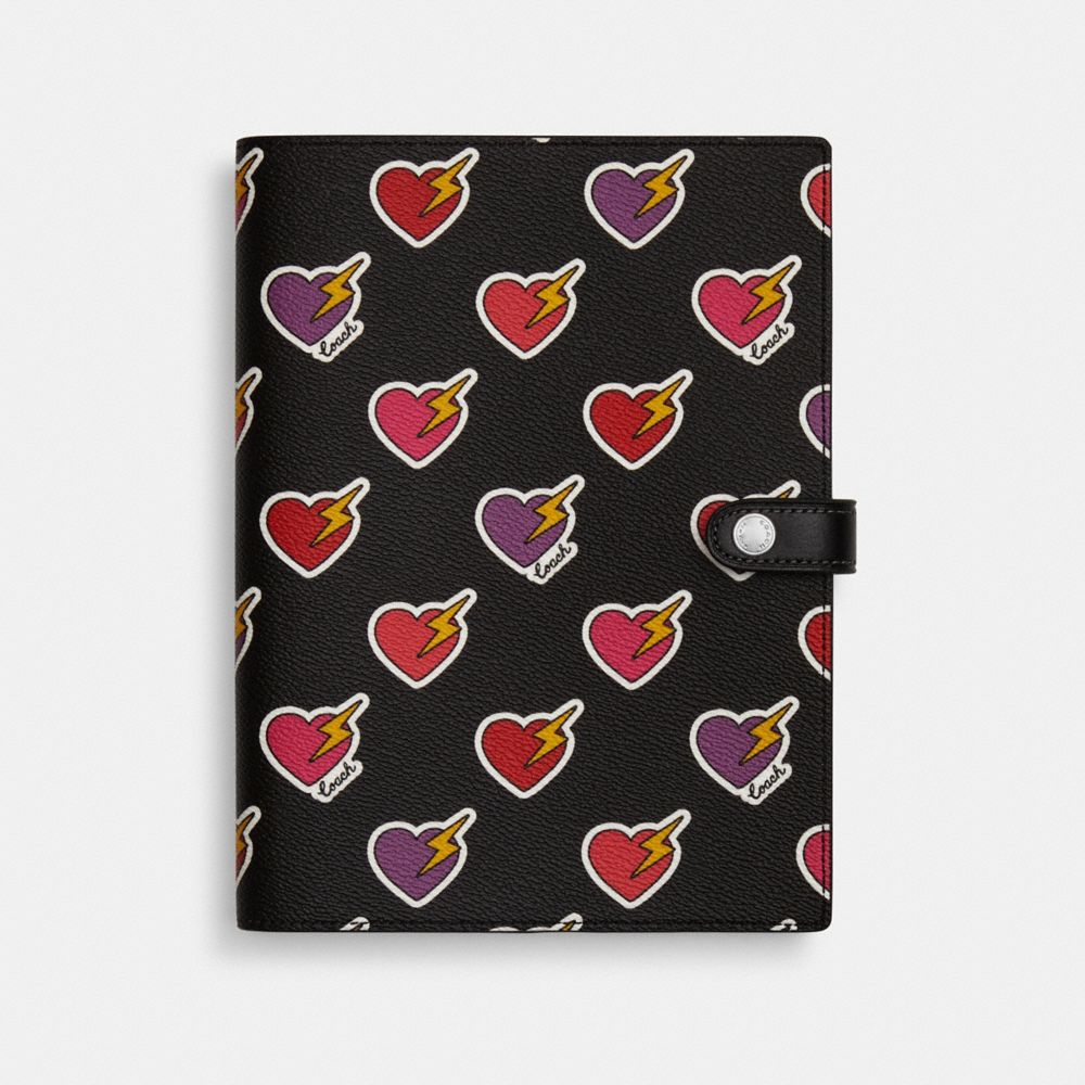COACH CW543 Notebook With Heart Bolt Print SILVER/BLACK MULTI