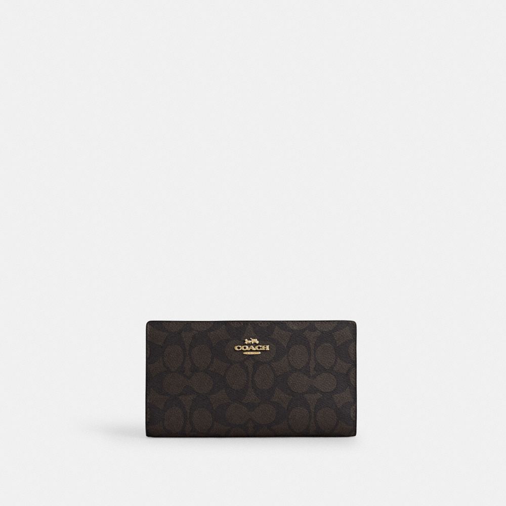 COACH CW661 Slim Zip Wallet In Signature Canvas GOLD/WALNUT/BLACK