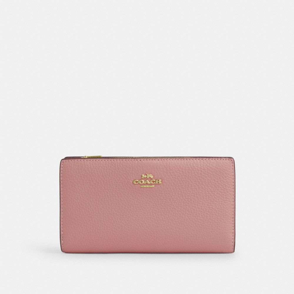 COACH CW776 Slim Zip Wallet In Colorblock Signature Canvas Gold/Tan/Pink Petal