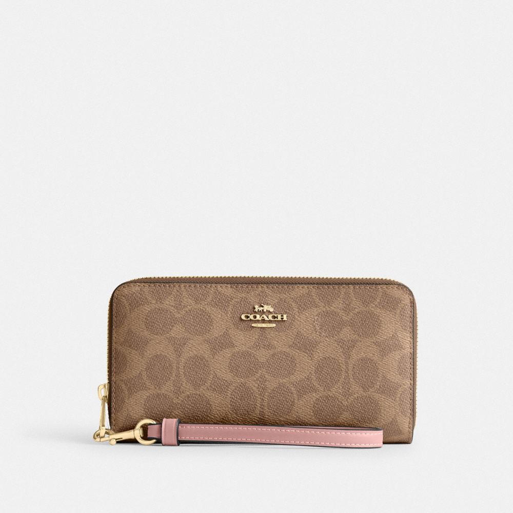 COACH CW778 Long Zip Around Wallet In Signature Canvas GOLD/TAN/PINK PETAL