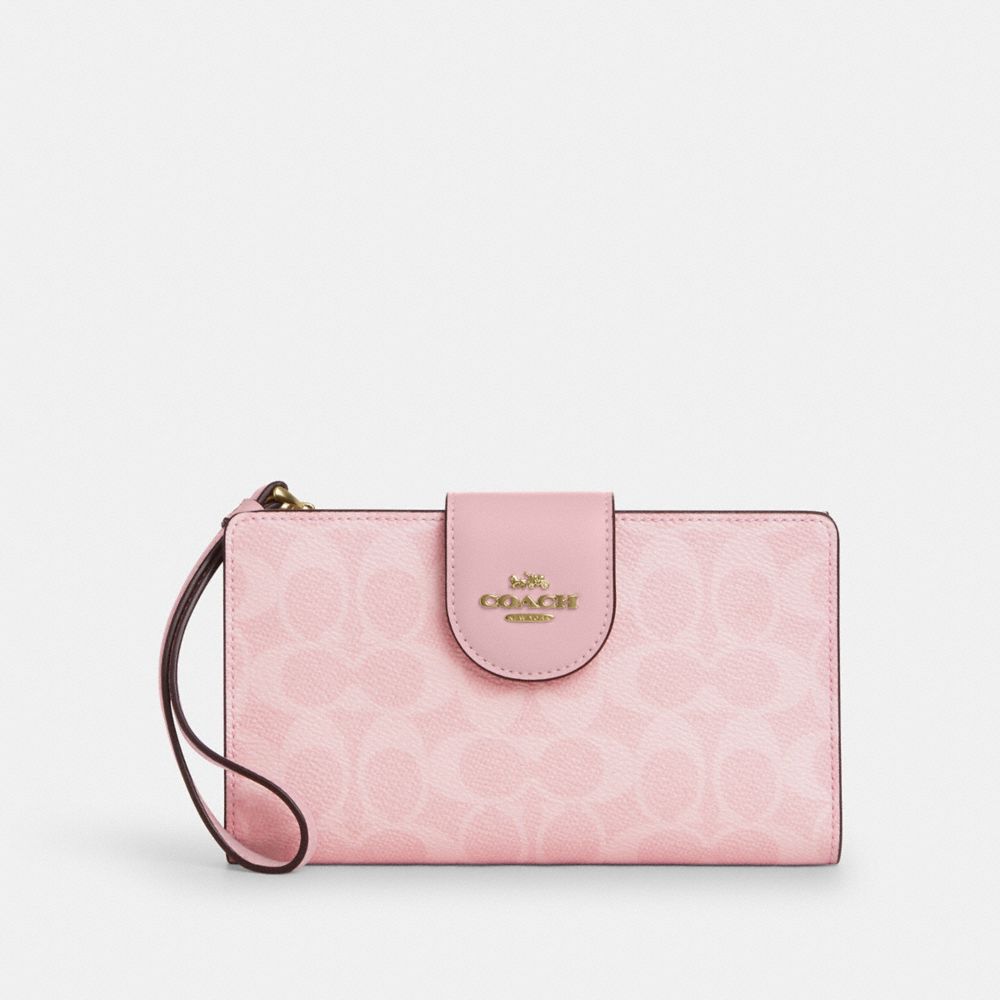 Phone Wallet In Signature Canvas - CW780 - Gold/Powder Pink