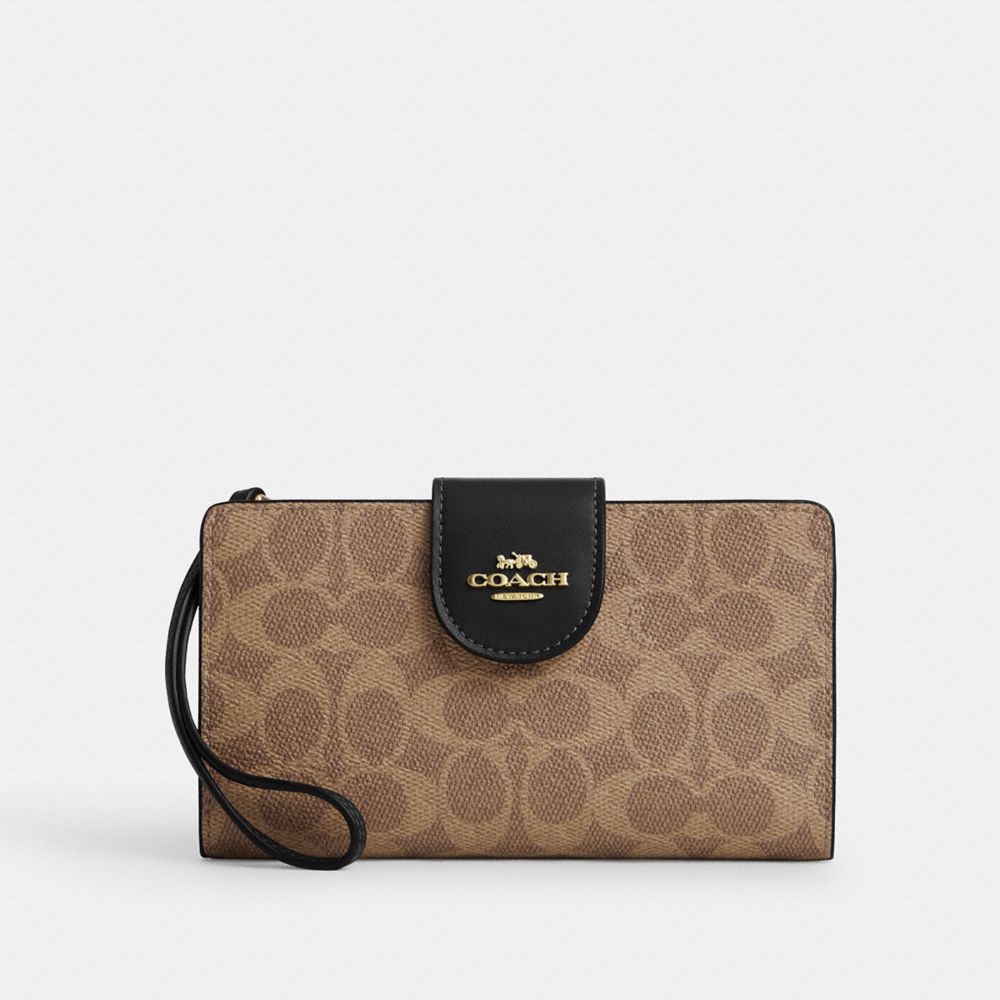 COACH CW780 Phone Wallet In Signature Canvas GOLD/TAN/BLACK