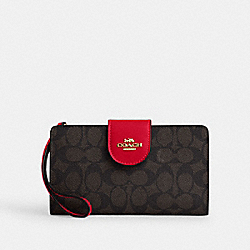 Phone Wallet In Signature Canvas - CW780 - Gold/Walnut/Bold Red