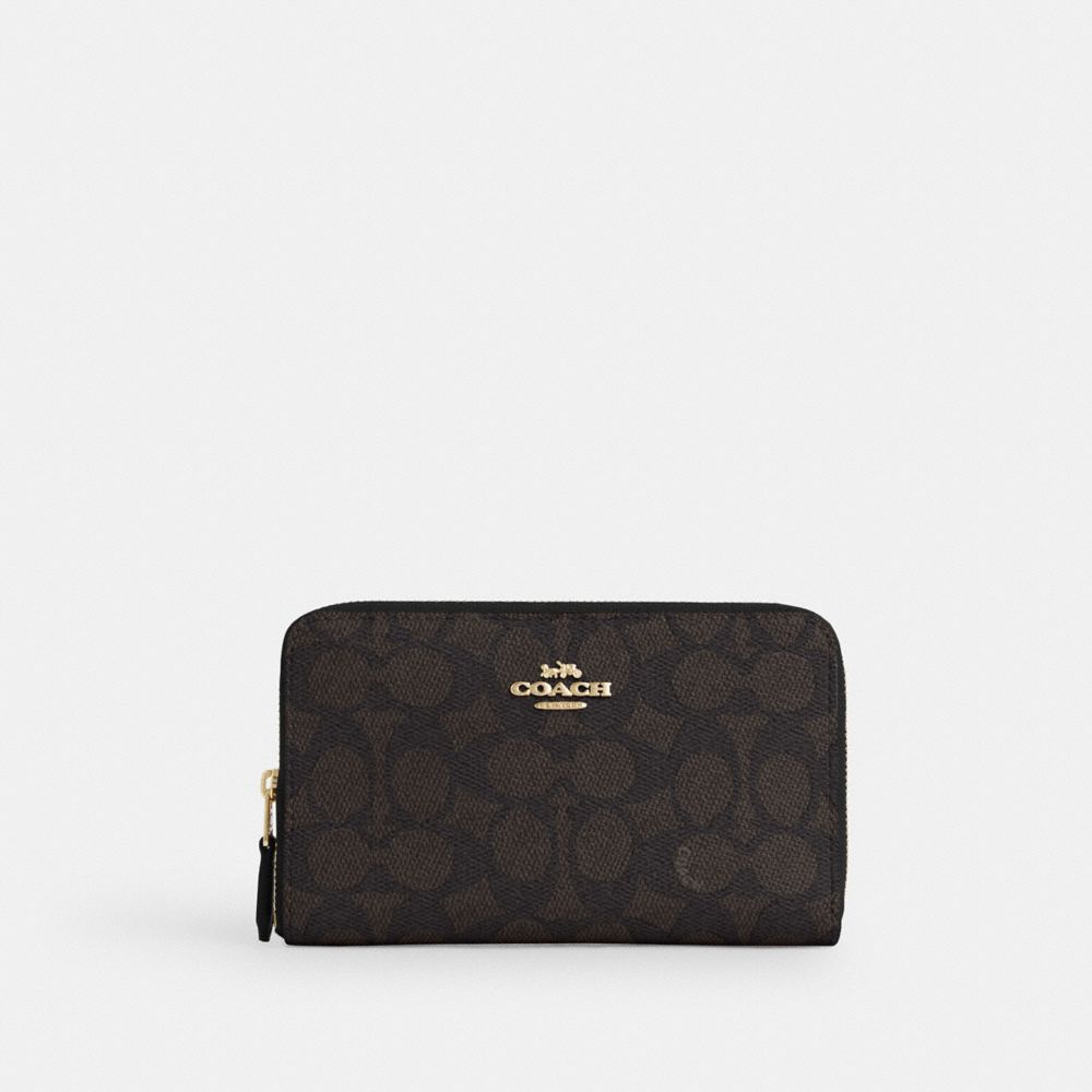 COACH CW781 Medium Id Zip Wallet In Signature Canvas GOLD/WALNUT/BLACK
