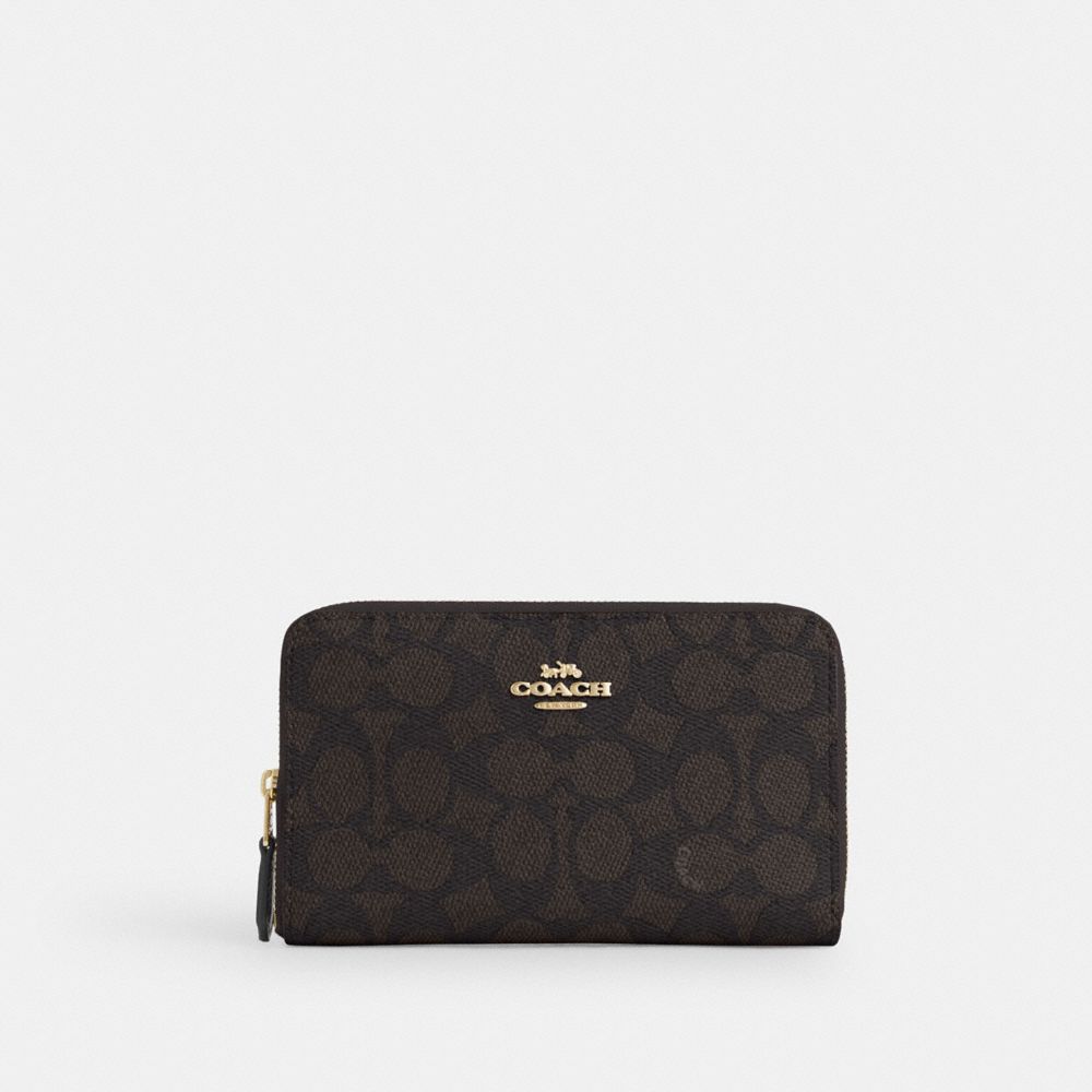 COACH CW781 Medium Id Zip Wallet In Signature Canvas GOLD/WALNUT/BOLD RED