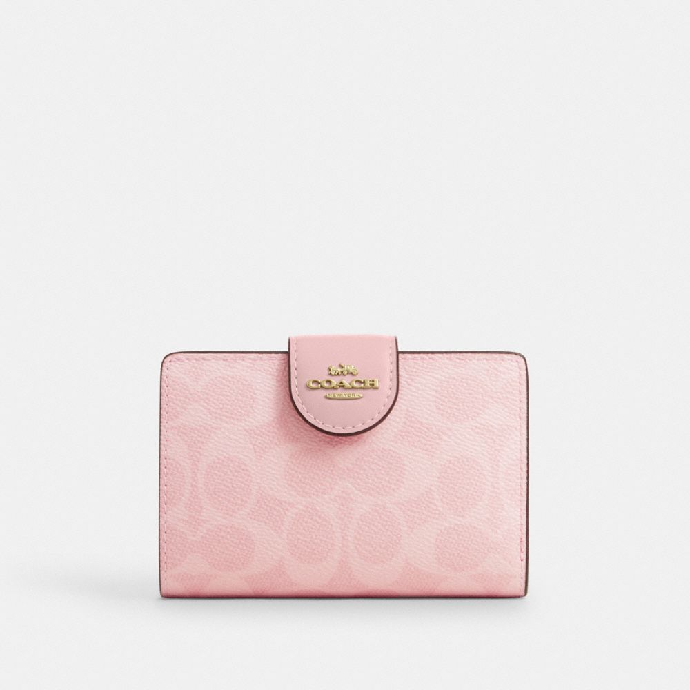 Medium Corner Zip Wallet In Signature Canvas - CW786 - Gold/Powder Pink