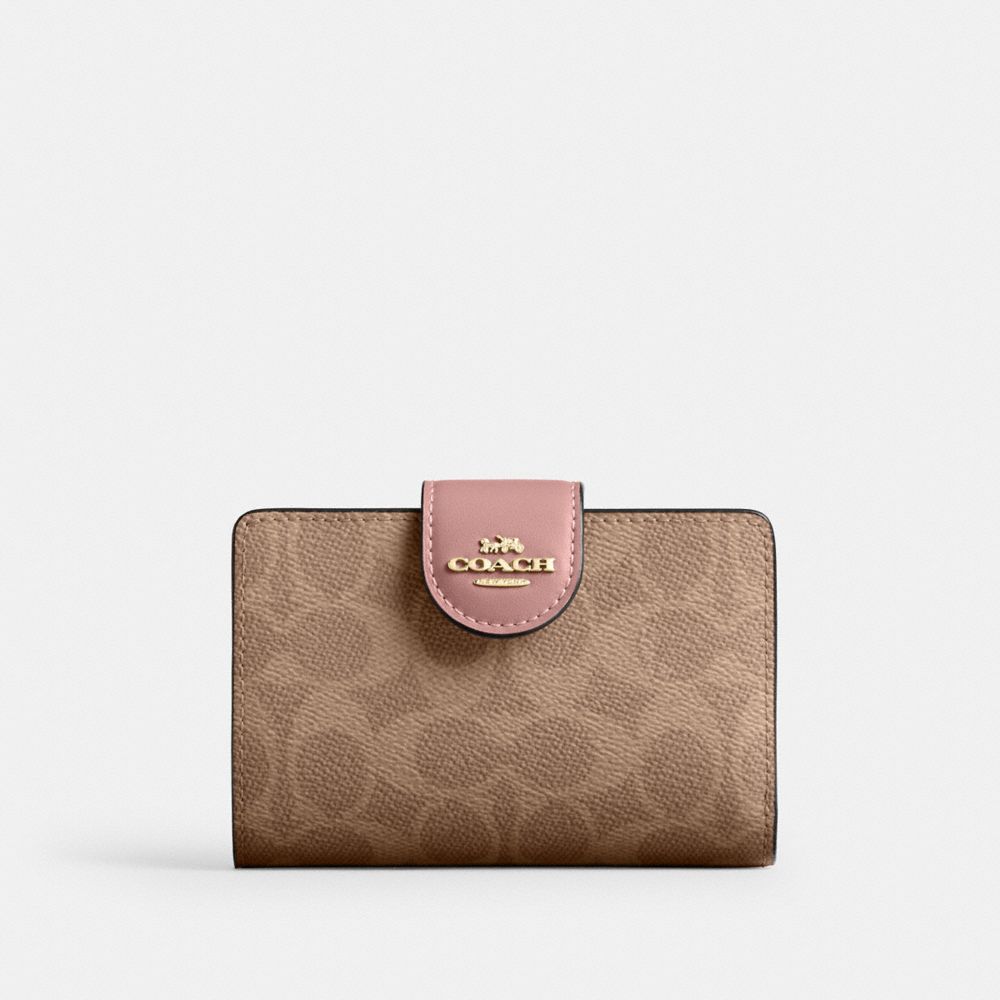 COACH CW786 Medium Corner Zip Wallet In Signature Canvas GOLD/TAN/PINK PETAL
