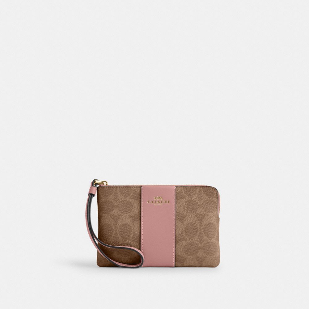 COACH CW854 Corner Zip Wristlet In Signature Canvas With Stripe Gold/Tan/Pink Petal