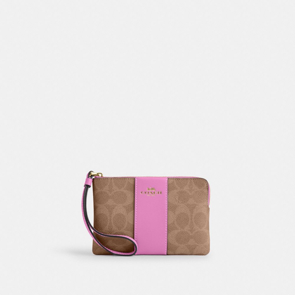 Corner Zip Wristlet In Signature Canvas With Stripe - CW854 - Im/Tan/ Fuchsia