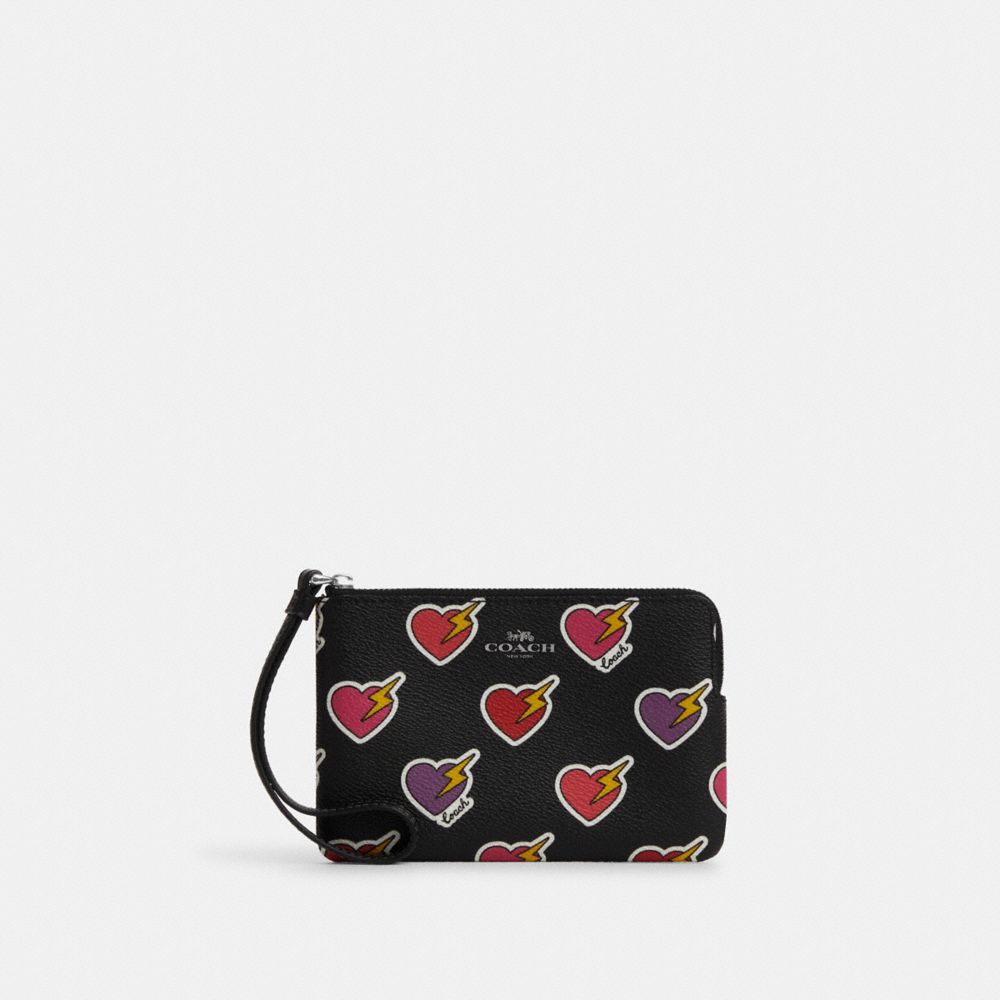 Corner Zip Wristlet With Heart Bolt Print - CW857 - Silver/Black Multi